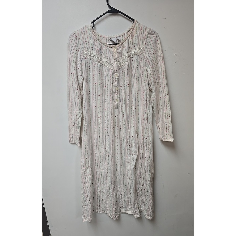 Vtg Croft‎ & Barrow White Heart Print Long Sleeve Nightgown Womans Size Medium